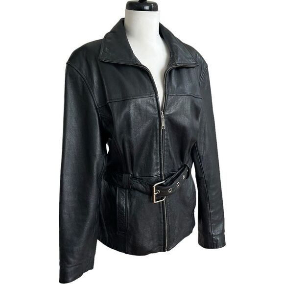 vintage Outbrook Leather Black Jacket size M Buckle Belted Waist Full Zip front - Picture 1 of 16